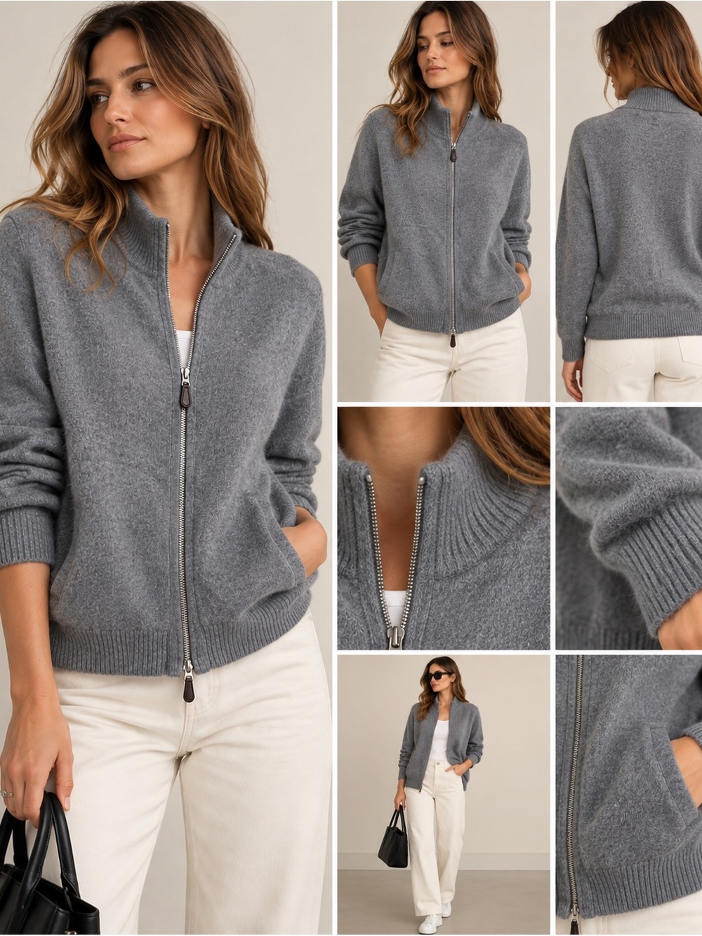 Saks Fifth Avenue Women’s 100% Cashmere Full Zip Cardigan Sweater Gray Size L